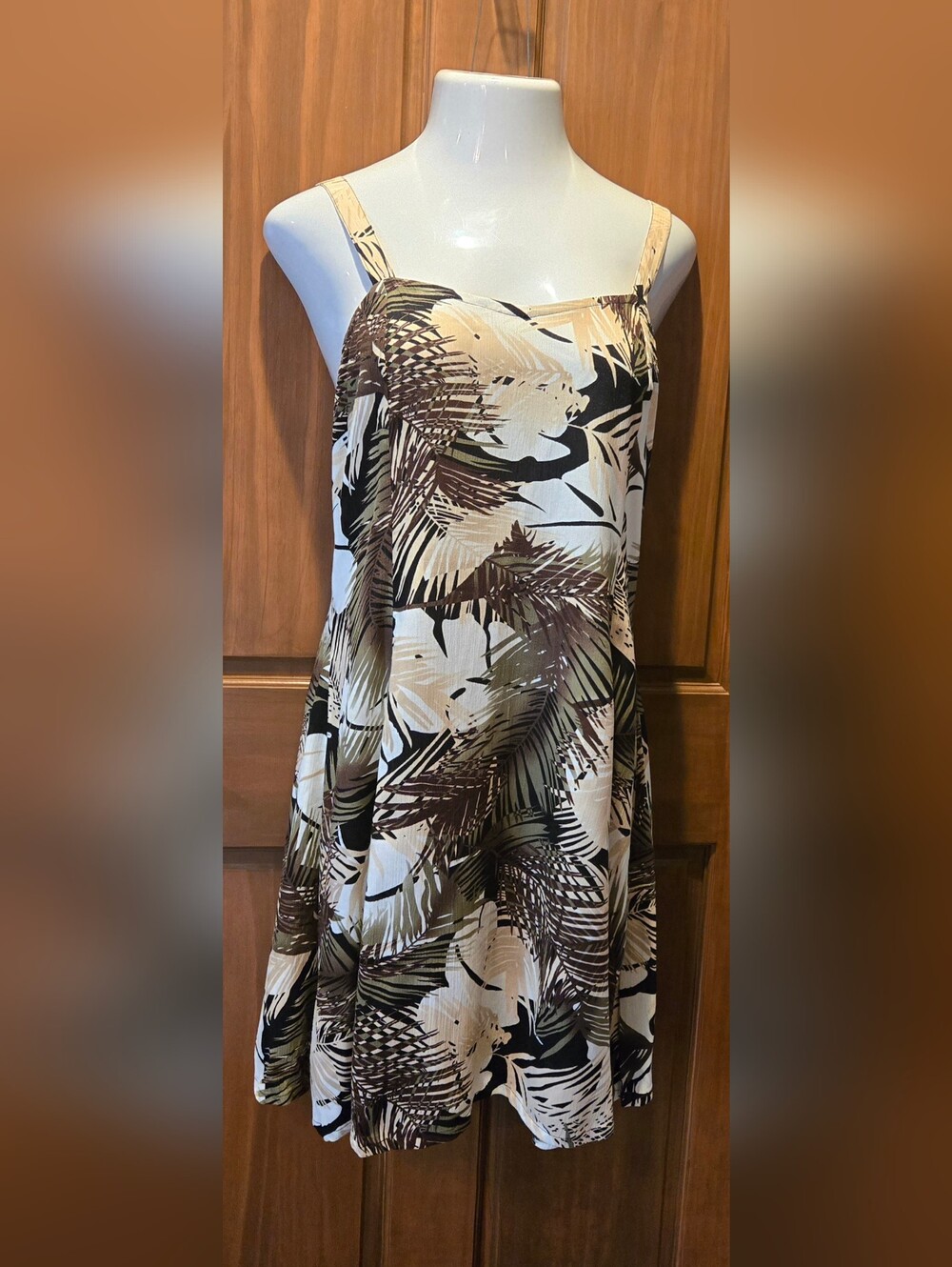 Sleeveless Tropical Print Swing Dress - Beige Brown